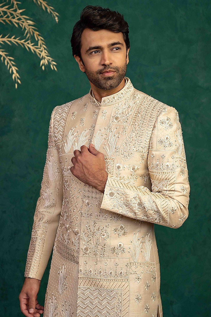 Beige Raw Silk Resham Embroidered Groom Sherwani Set by ADANI at Pernia's Pop Up Shop