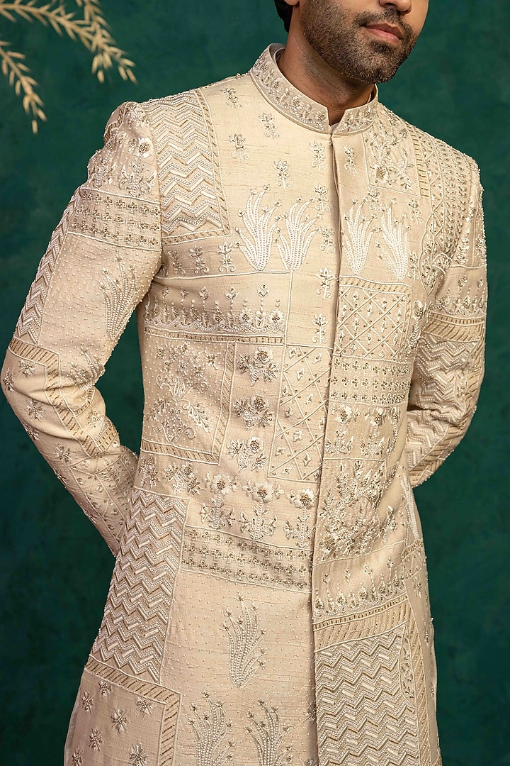 Beige Raw Silk Resham Embroidered Groom Sherwani Set by ADANI at Pernia's Pop Up Shop