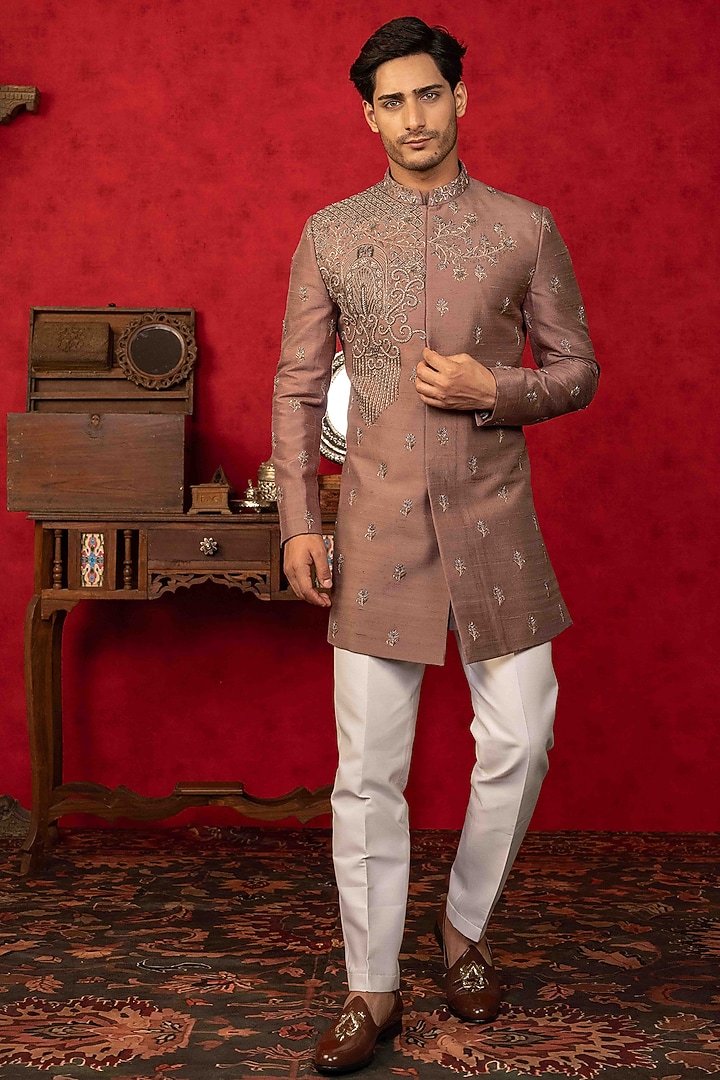 Brown Raw Silk Zardosi Embroidered Wedding Indowestern Set by ADANI at Pernia's Pop Up Shop