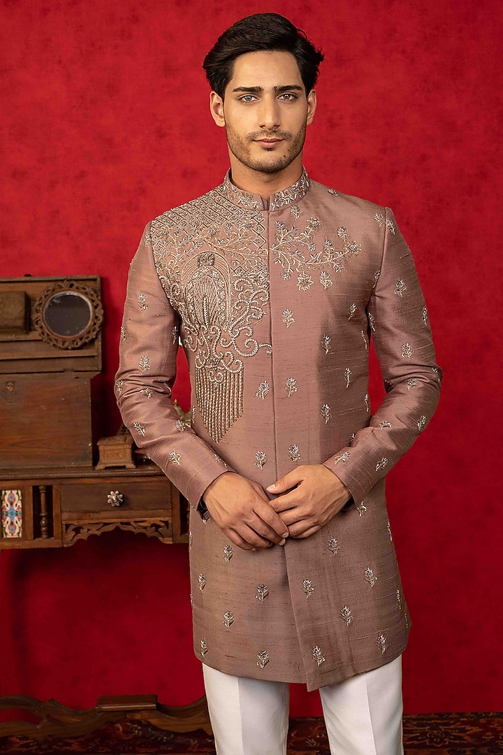 Brown Raw Silk Zardosi Embroidered Wedding Indowestern Set by ADANI at Pernia's Pop Up Shop