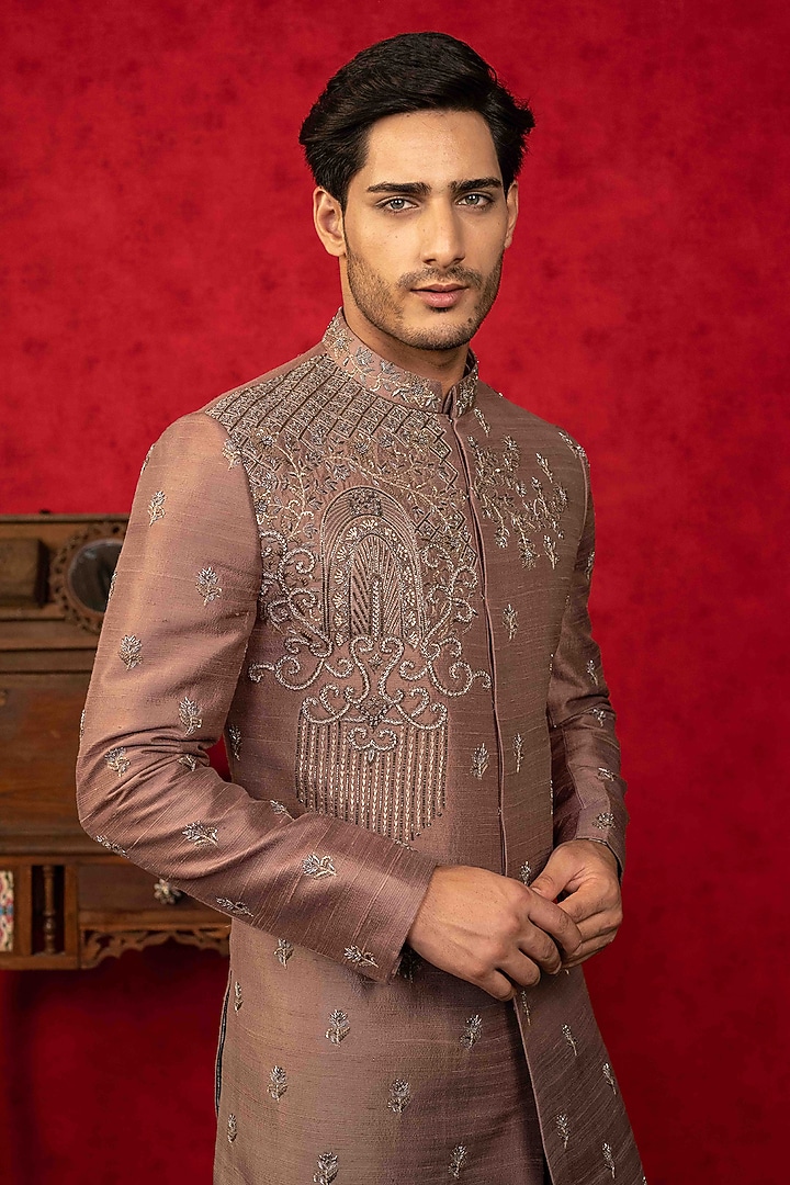Brown Raw Silk Zardosi Embroidered Wedding Indowestern Set by ADANI at Pernia's Pop Up Shop