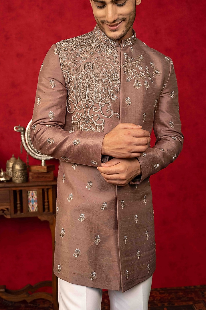 Brown Raw Silk Zardosi Embroidered Wedding Indowestern Set by ADANI at Pernia's Pop Up Shop