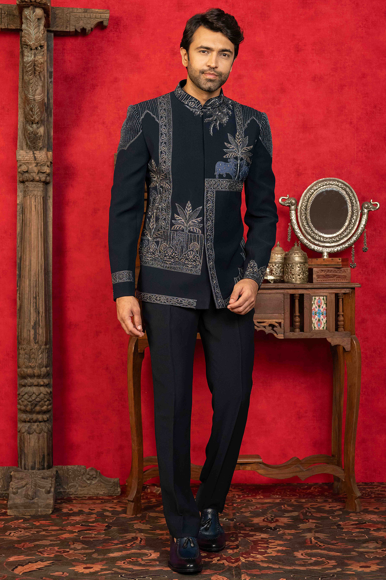Navy Blue Poly Lycra Resham Embroidered Jodhpuri Set by ADANI