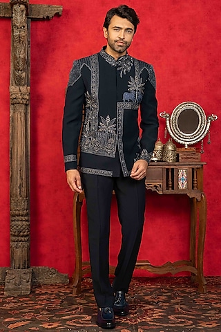 Navy Blue Poly Lycra Resham Embroidered Jodhpuri Set by ADANI