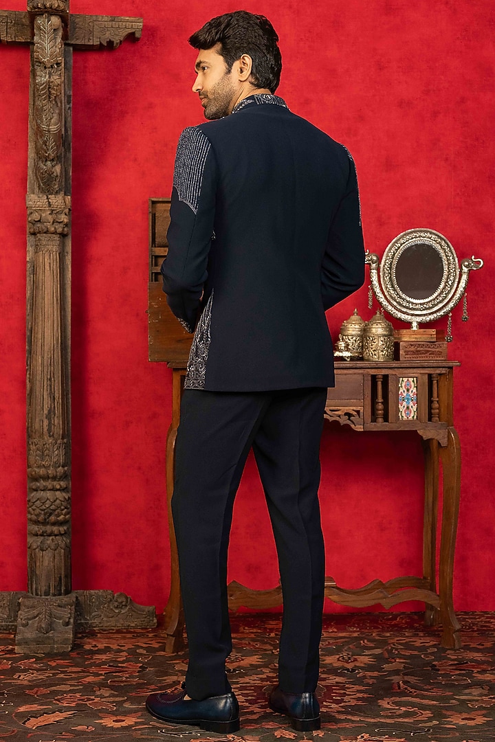 Navy Blue Poly Lycra Resham Embroidered Jodhpuri Set by ADANI at Pernia's Pop Up Shop