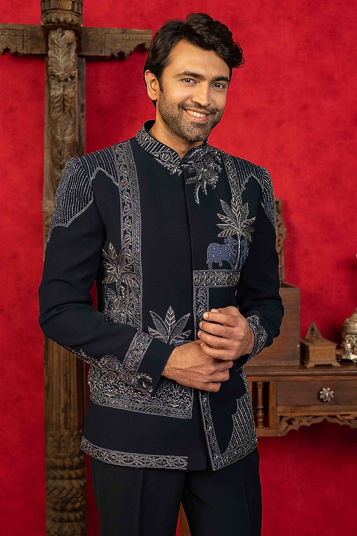 Navy Blue Poly Lycra Resham Embroidered Jodhpuri Set by ADANI at Pernia's Pop Up Shop