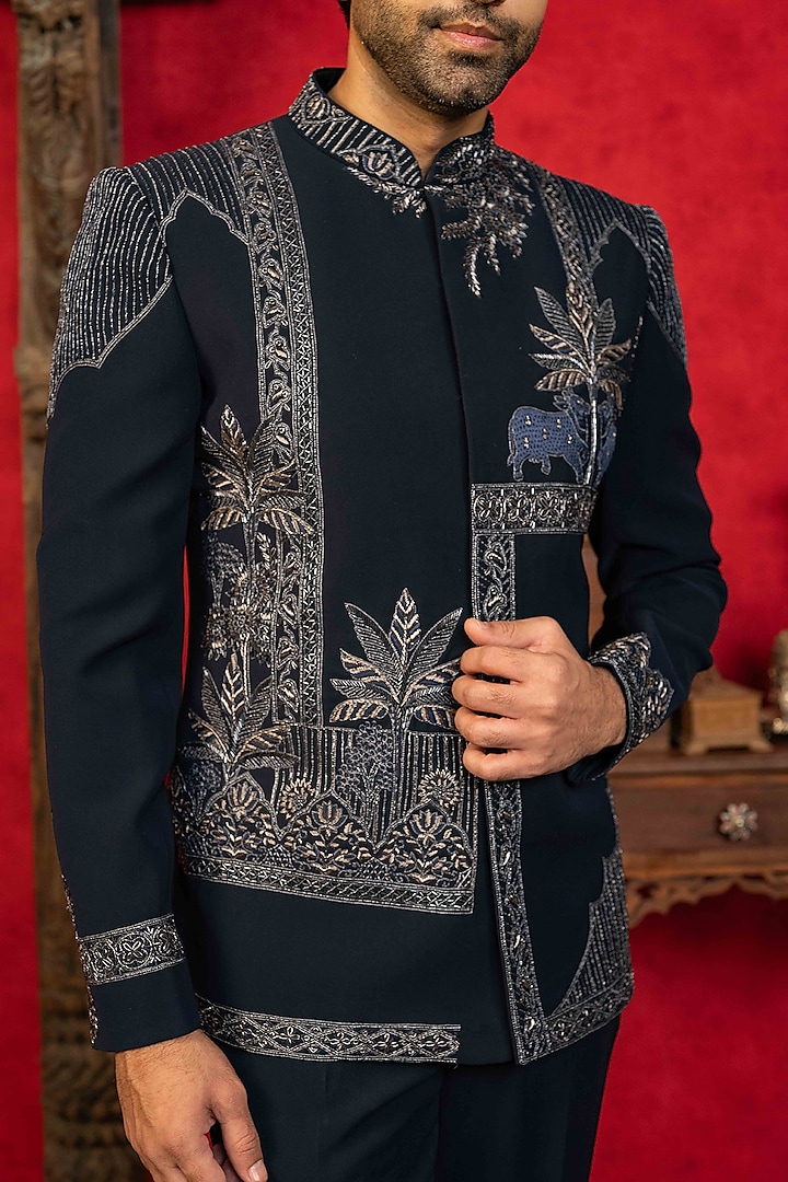 Navy Blue Poly Lycra Resham Embroidered Jodhpuri Set by ADANI at Pernia's Pop Up Shop