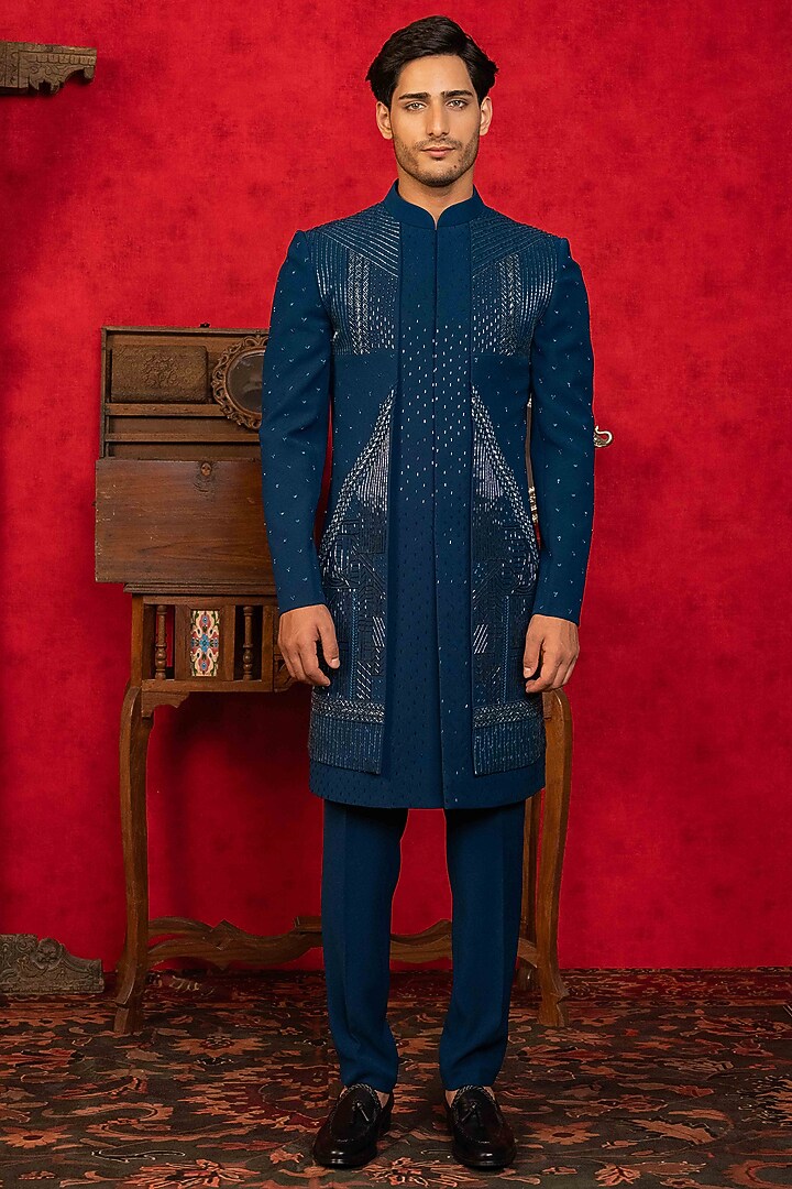 Blue Poly Lycra Resham Embroidered Wedding Indowestern Set by ADANI at Pernia's Pop Up Shop