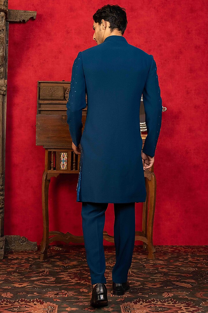 Blue Poly Lycra Resham Embroidered Wedding Indowestern Set by ADANI at Pernia's Pop Up Shop