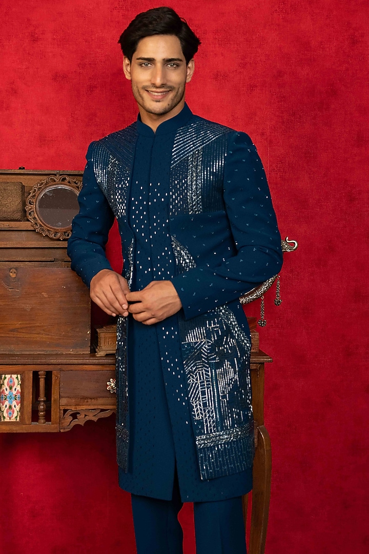 Blue Poly Lycra Resham Embroidered Wedding Indowestern Set by ADANI at Pernia's Pop Up Shop