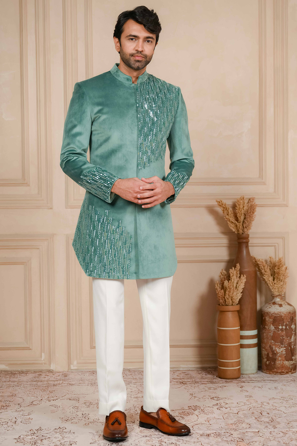 Blue Velvet Cutdana Embroidered Jodhpuri Set by ADANI