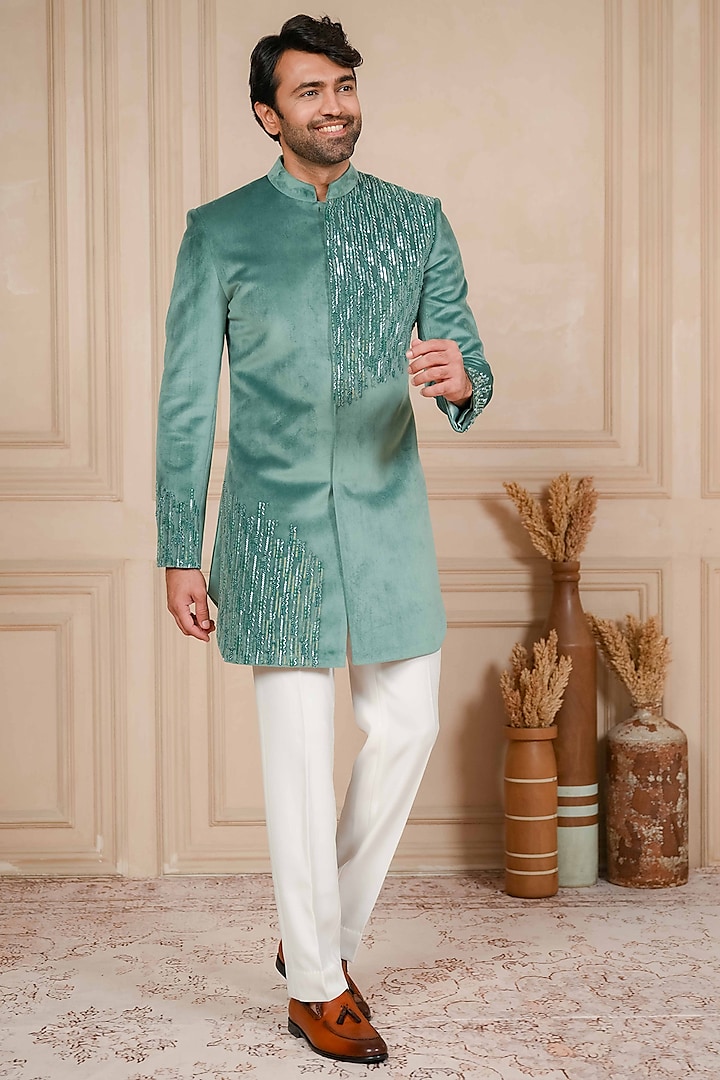 Blue Velvet Cutdana Embroidered Jodhpuri Set by ADANI at Pernia's Pop Up Shop