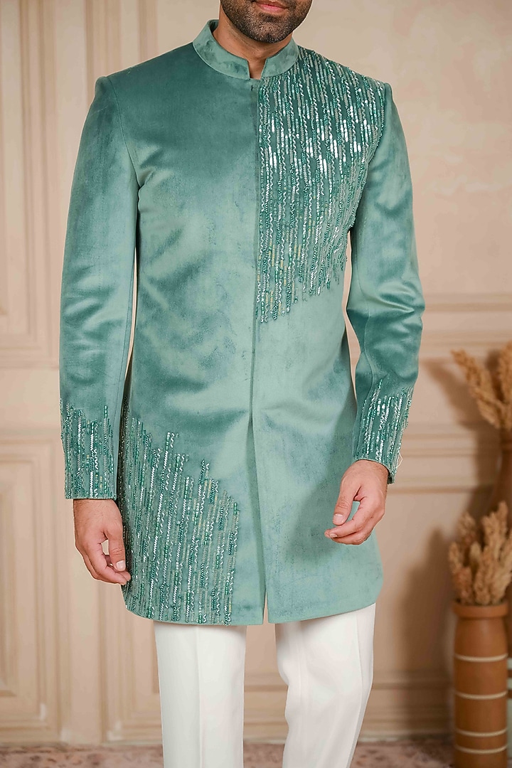 Blue Velvet Cutdana Embroidered Jodhpuri Set by ADANI at Pernia's Pop Up Shop