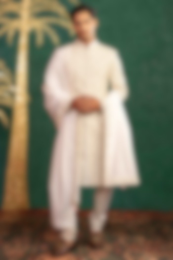 White Lucknowi Resham Embroidered Groom Sherwani Set by ADANI at Pernia's Pop Up Shop