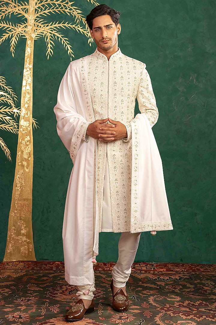 White Lucknowi Resham Embroidered Groom Sherwani Set by ADANI at Pernia's Pop Up Shop