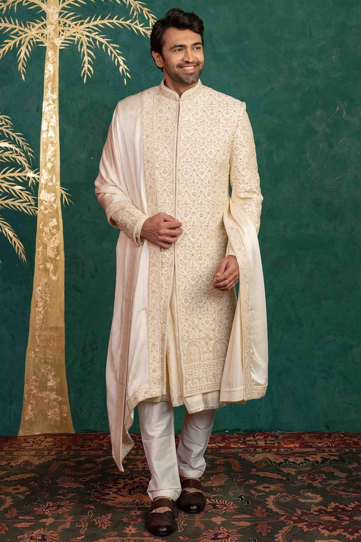 Beige Dupion Silk Zardosi Embroidered Sherwani Set by ADANI