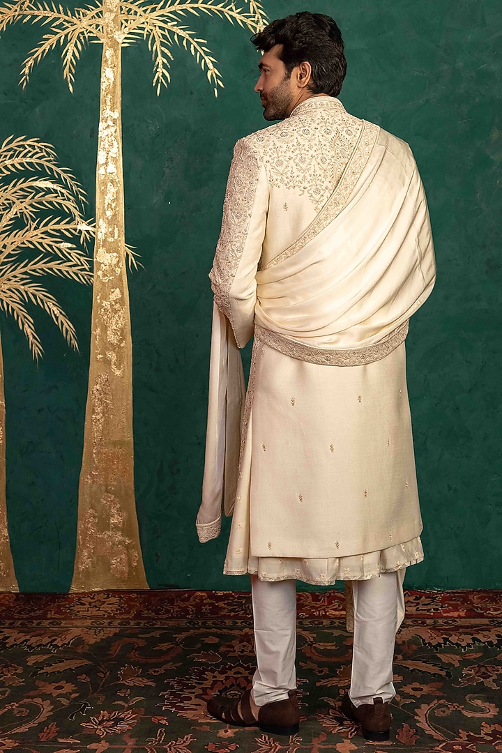 Beige Dupion Silk Zardosi Embroidered Groom Sherwani Set by ADANI at Pernia's Pop Up Shop