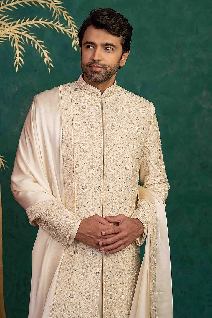 Beige Dupion Silk Zardosi Embroidered Groom Sherwani Set by ADANI at Pernia's Pop Up Shop