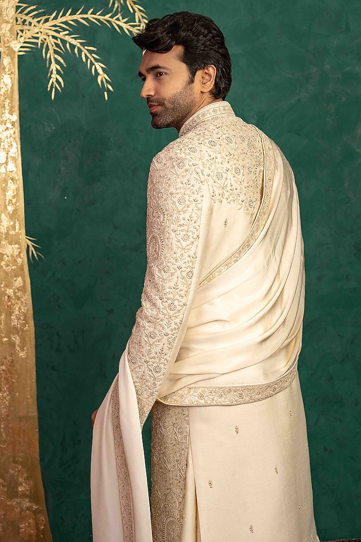 Beige Dupion Silk Zardosi Embroidered Groom Sherwani Set by ADANI at Pernia's Pop Up Shop