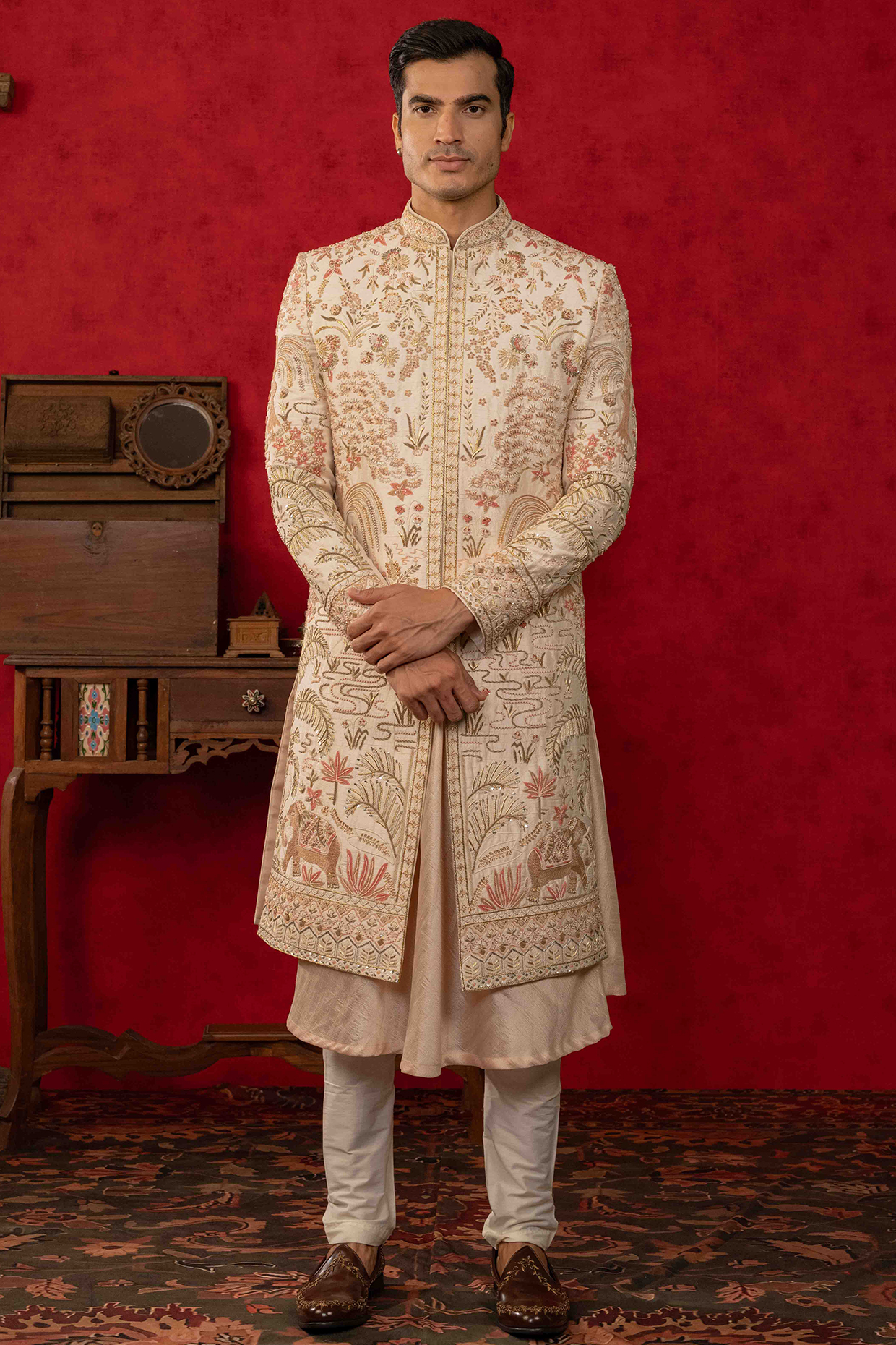 Peach Raw Silk Zardosi Embroidered Sherwani Set by ADANI