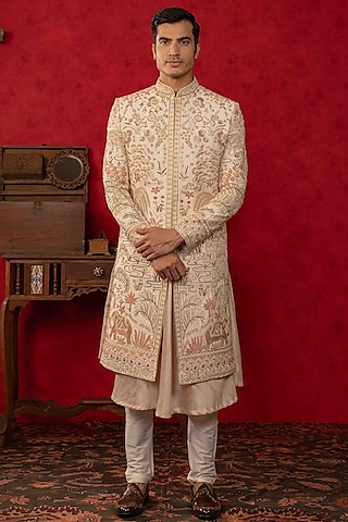 Peach Raw Silk Zardosi Embroidered Sherwani Set by ADANI