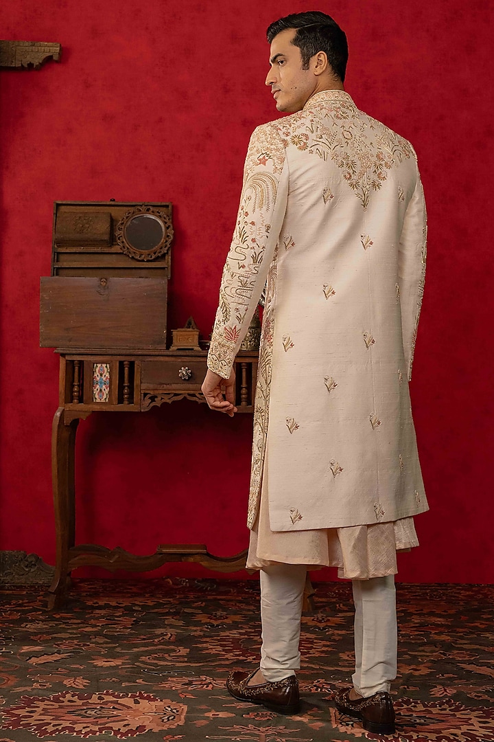 Peach Raw Silk Zardosi Embroidered Groom Sherwani Set by ADANI at Pernia's Pop Up Shop