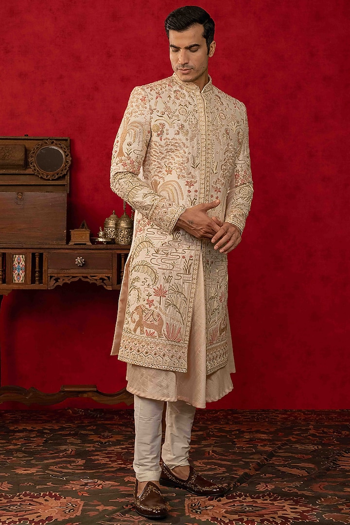 Peach Raw Silk Zardosi Embroidered Groom Sherwani Set by ADANI at Pernia's Pop Up Shop