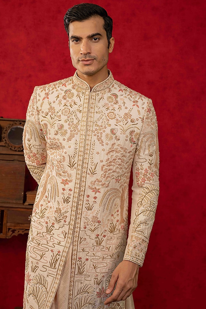 Peach Raw Silk Zardosi Embroidered Groom Sherwani Set by ADANI at Pernia's Pop Up Shop