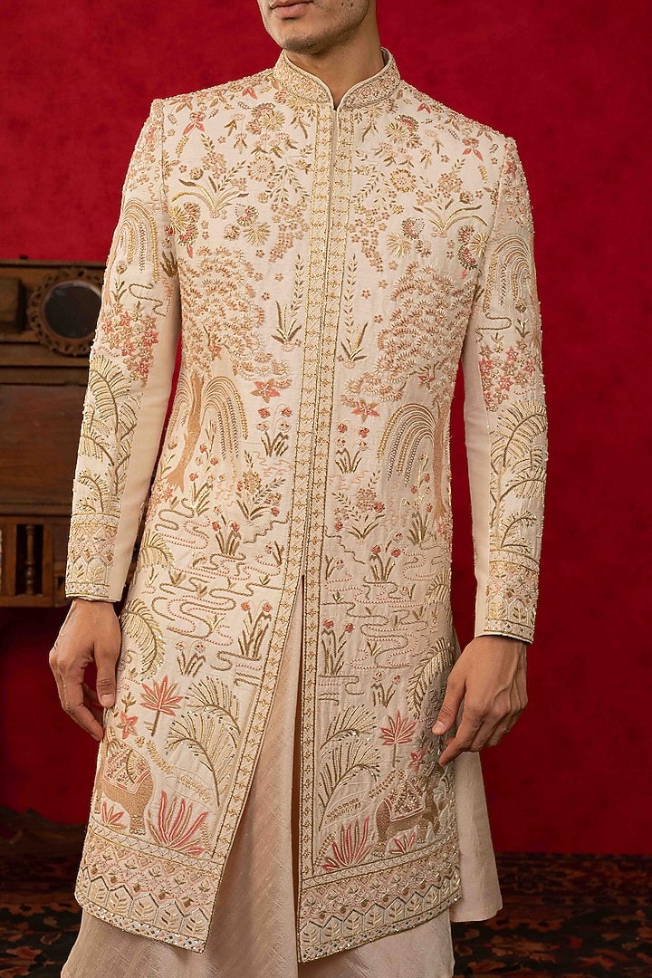 Peach Raw Silk Zardosi Embroidered Groom Sherwani Set by ADANI at Pernia's Pop Up Shop