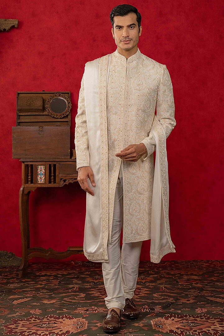 White Dupion Silk Resham Embroidered Wedding Sherwani Set by ADANI at Pernia's Pop Up Shop