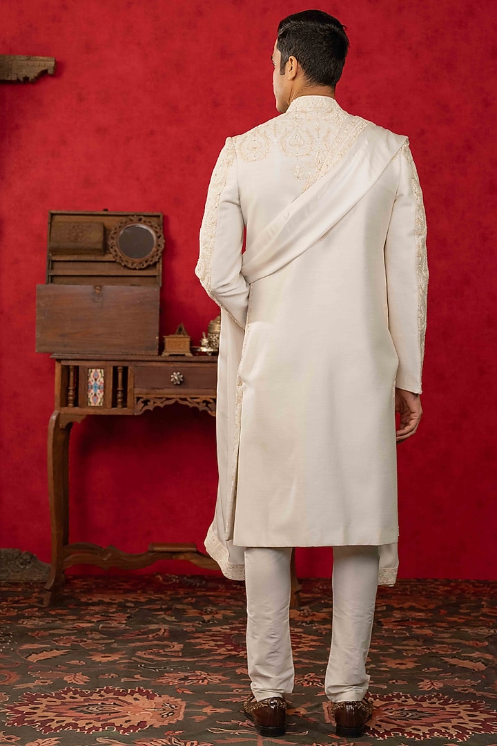 White Dupion Silk Resham Embroidered Wedding Sherwani Set by ADANI at Pernia's Pop Up Shop