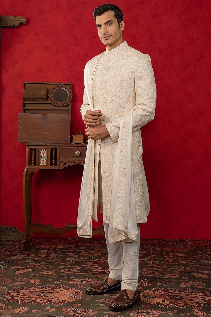 White Dupion Silk Resham Embroidered Wedding Sherwani Set by ADANI at Pernia's Pop Up Shop