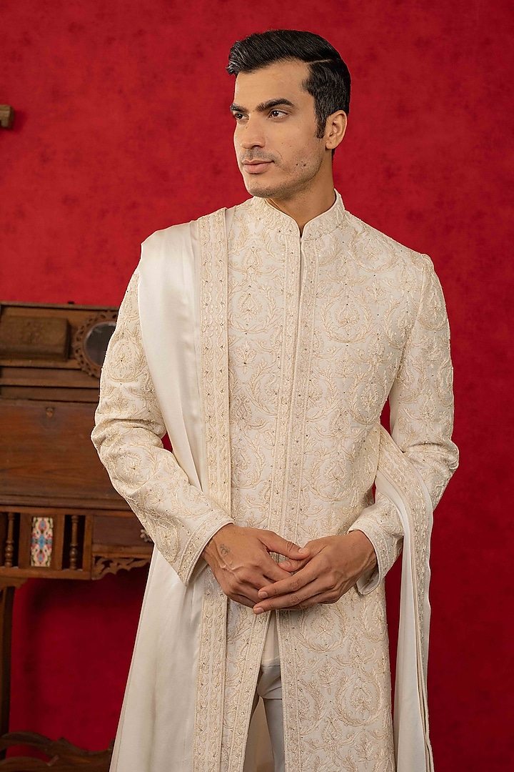 White Dupion Silk Resham Embroidered Wedding Sherwani Set by ADANI at Pernia's Pop Up Shop