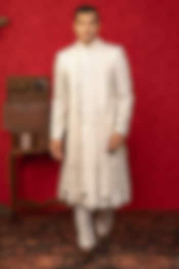 White Dupion Silk Zardosi Embroidered Groom Sherwani Set by ADANI at Pernia's Pop Up Shop