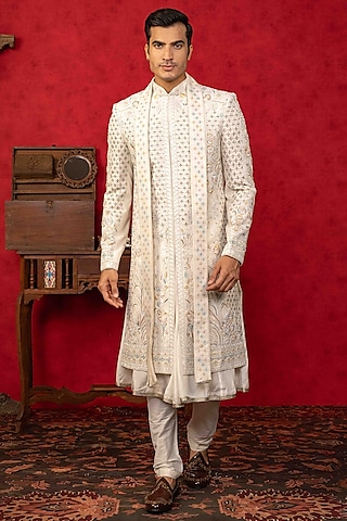White Dupion Silk Zardosi Embroidered Sherwani Set by ADANI