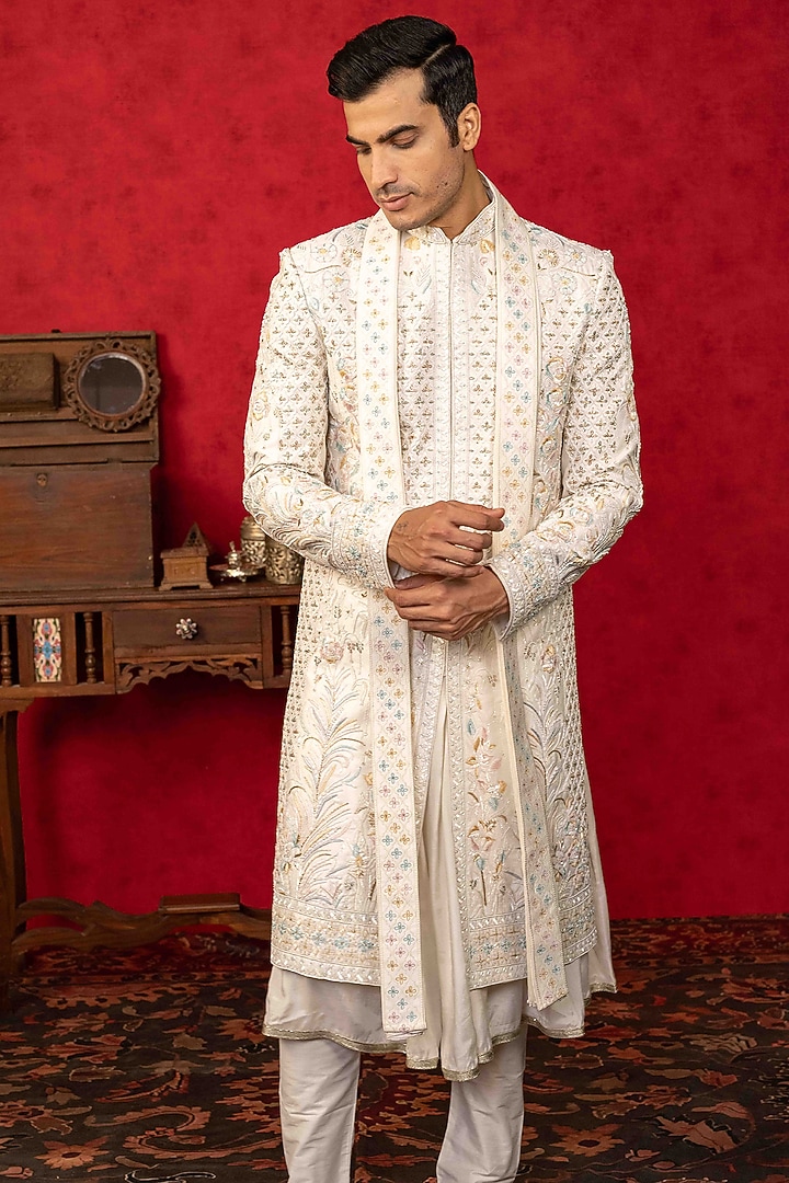 White Dupion Silk Zardosi Embroidered Groom Sherwani Set by ADANI at Pernia's Pop Up Shop