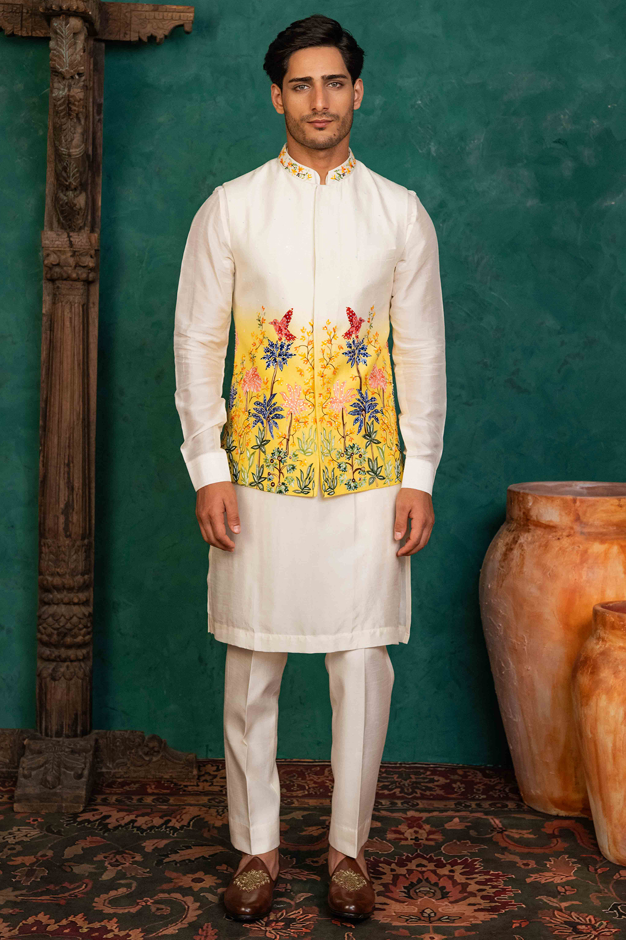 White & Yellow Ombre Dupion Silk Aari Embroidered Bundi Jacket Set by ADANI