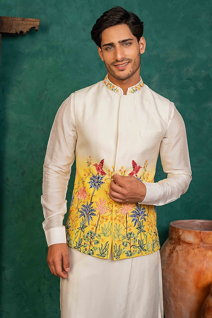 White & Yellow Ombre Dupion Silk Aari Embroidered Bundi Jacket Set by ADANI at Pernia's Pop Up Shop