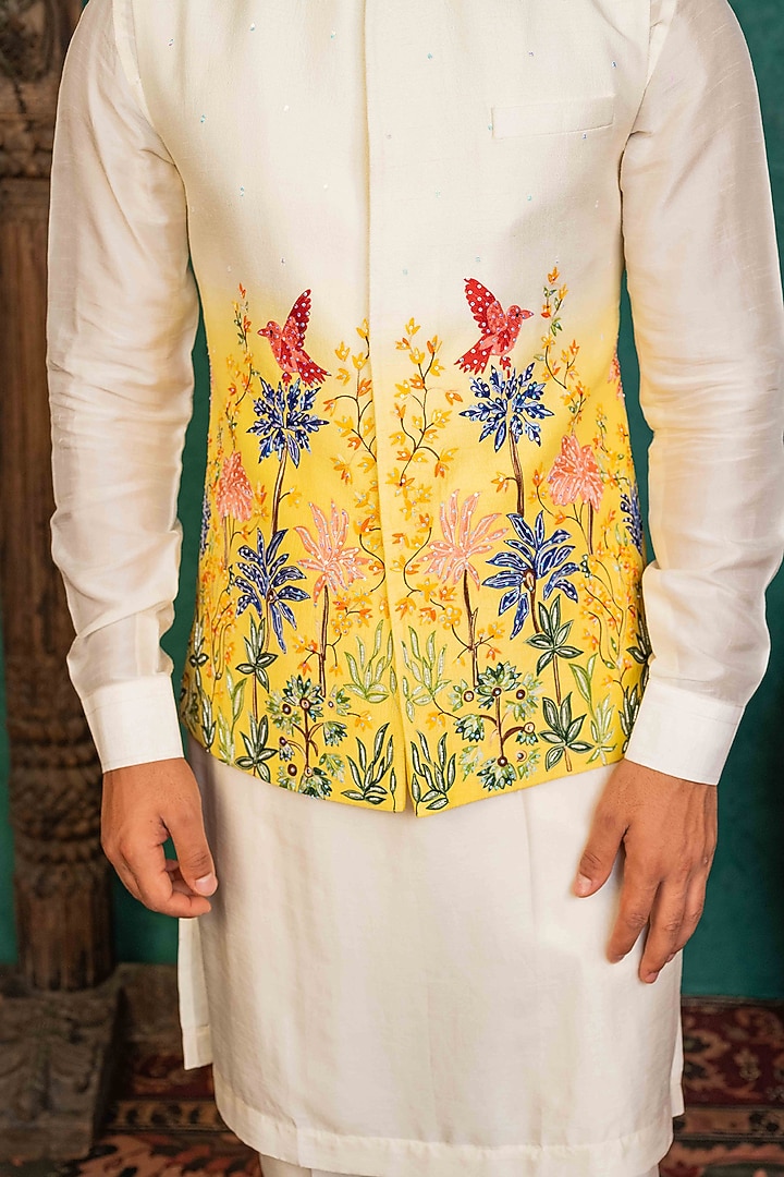 White & Yellow Ombre Dupion Silk Aari Embroidered Bundi Jacket Set by ADANI at Pernia's Pop Up Shop