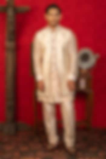 Peach Dupion Silk Resham Embroidered Open-Wedding Indowestern Set by ADANI at Pernia's Pop Up Shop