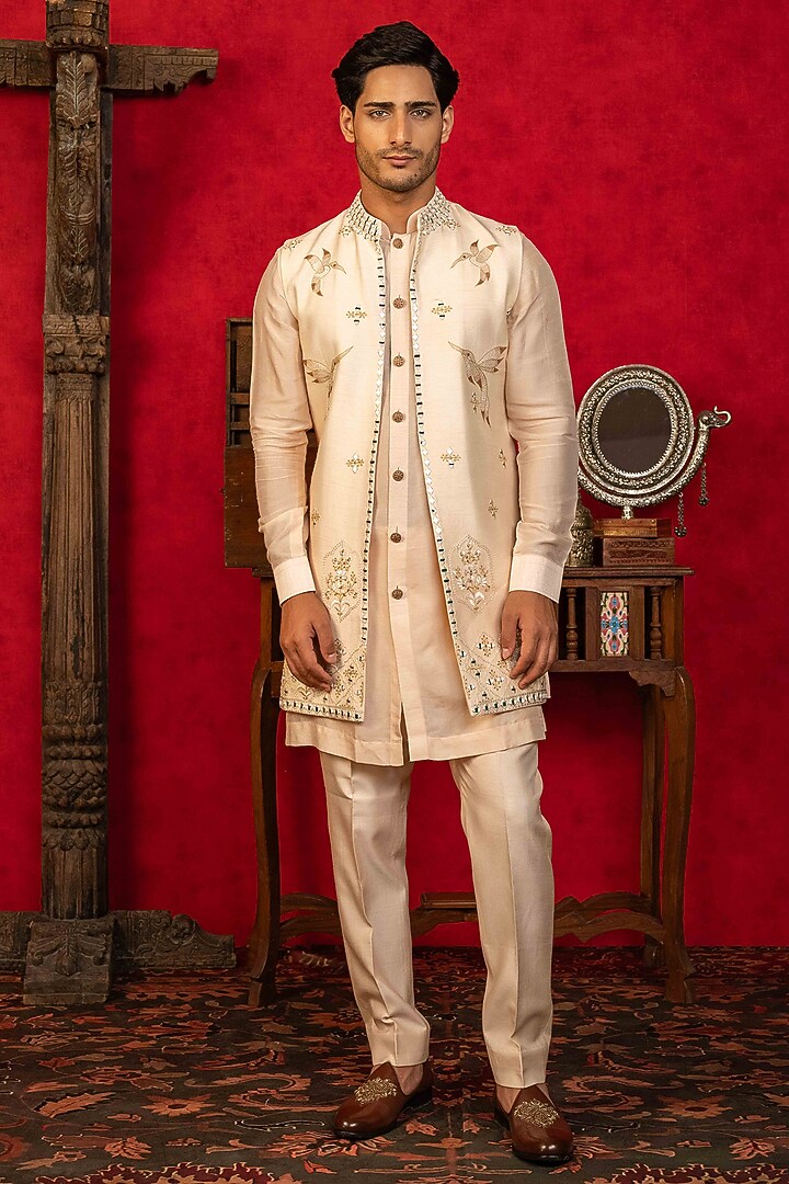 Peach Dupion Silk Resham Embroidered Open-Wedding Indowestern Set by ADANI at Pernia's Pop Up Shop