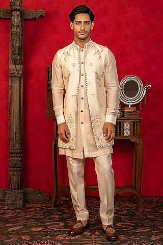 Peach Dupion Silk Resham Embroidered Open-Indowestern Set by ADANI