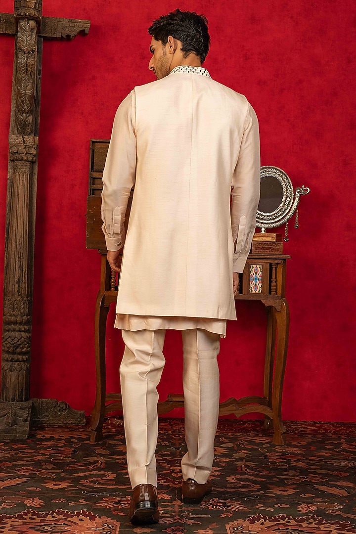 Peach Dupion Silk Resham Embroidered Open-Wedding Indowestern Set by ADANI at Pernia's Pop Up Shop