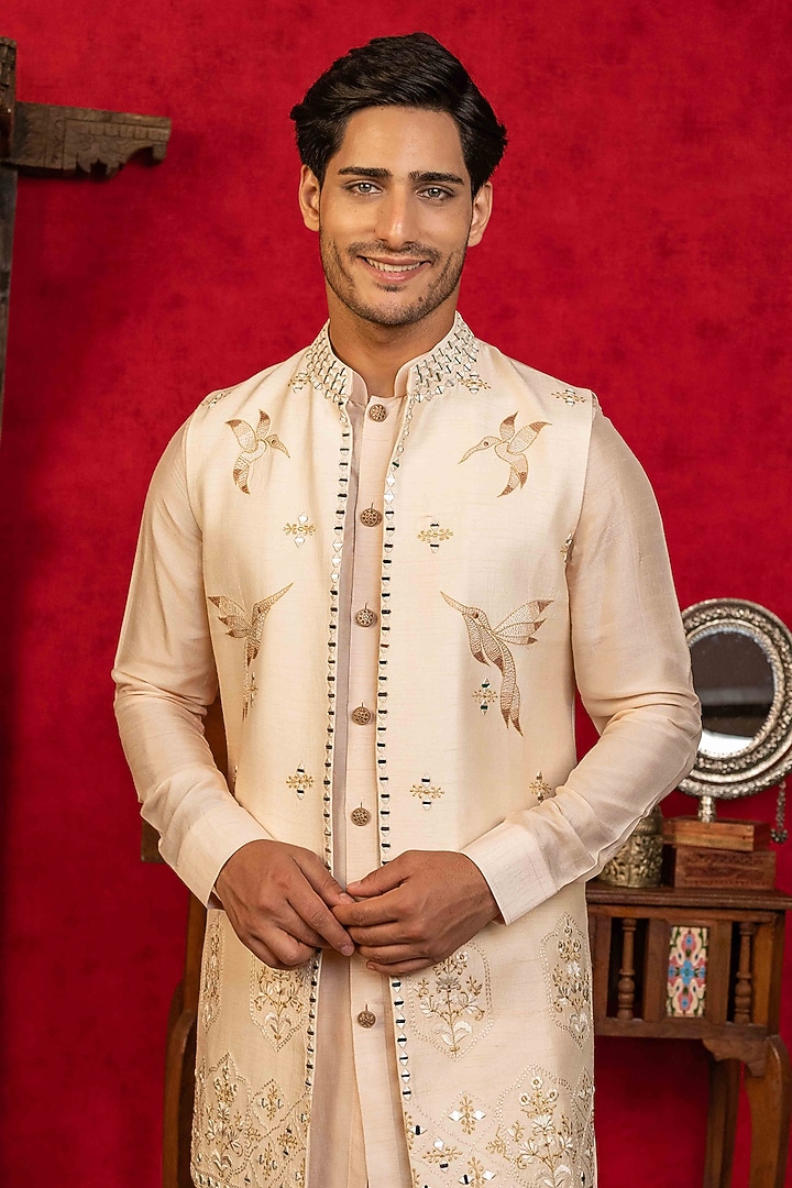 Peach Dupion Silk Resham Embroidered Open-Wedding Indowestern Set by ADANI at Pernia's Pop Up Shop