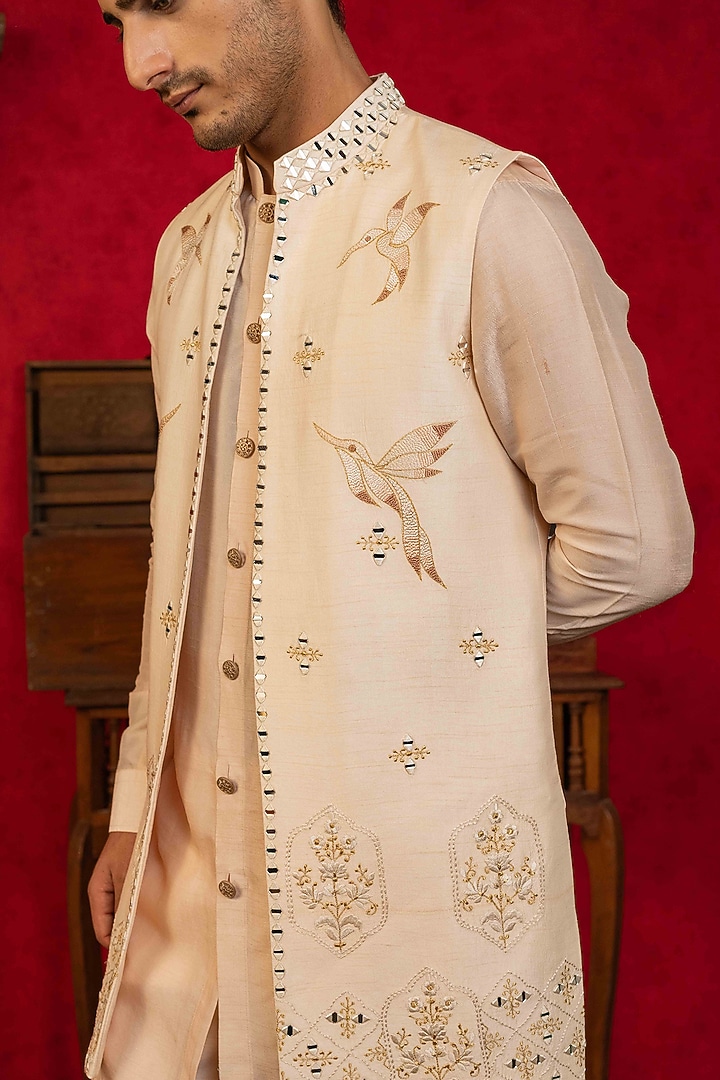 Peach Dupion Silk Resham Embroidered Open-Wedding Indowestern Set by ADANI at Pernia's Pop Up Shop