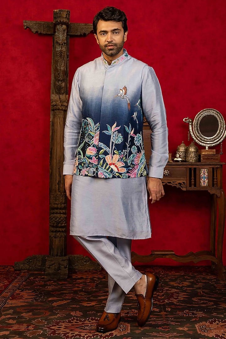 Blue Ombre Dupion Silk Cutdana Embroidered Bundi Jacket Set by ADANI at Pernia's Pop Up Shop