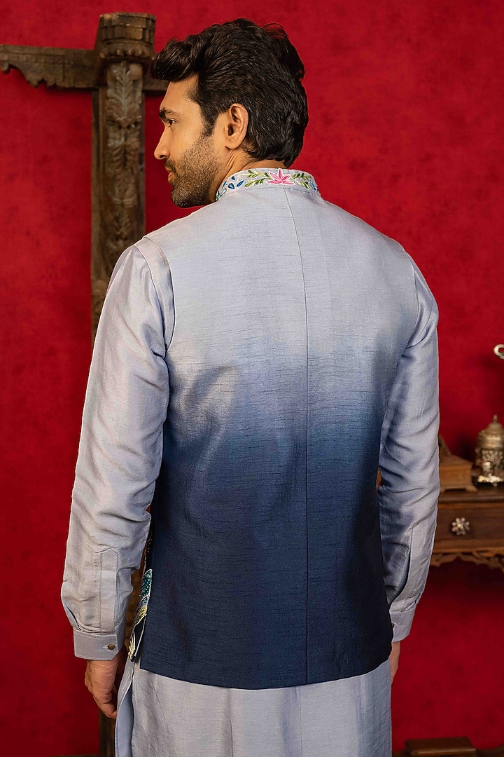 Blue Ombre Dupion Silk Cutdana Embroidered Bundi Jacket Set by ADANI at Pernia's Pop Up Shop