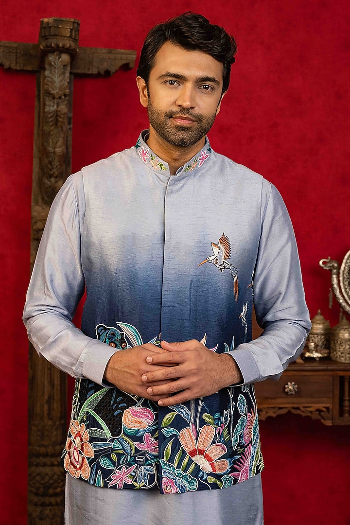 Blue Ombre Dupion Silk Cutdana Embroidered Bundi Jacket Set by ADANI at Pernia's Pop Up Shop