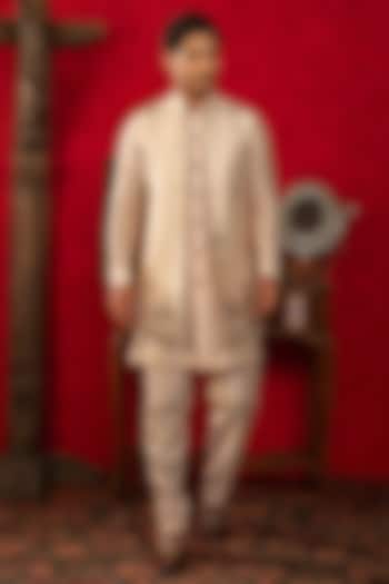 Peach Dupion Silk Motif Work Open-Wedding Indowestern Set by ADANI at Pernia's Pop Up Shop