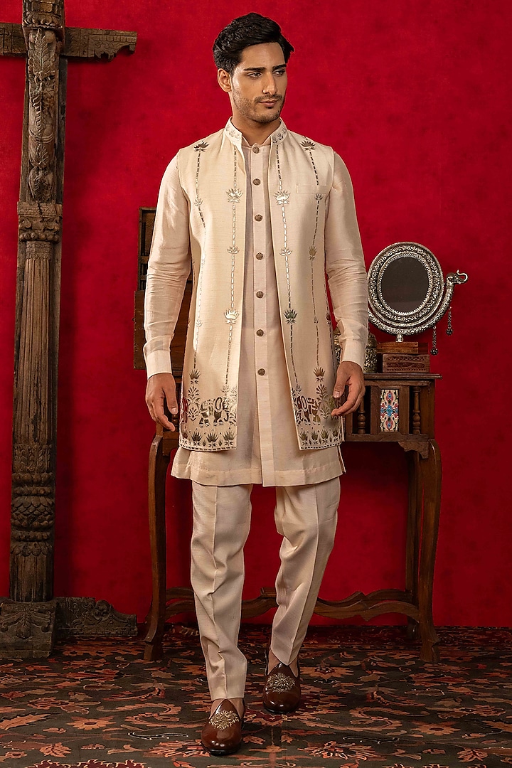 Peach Dupion Silk Motif Work Open-Wedding Indowestern Set by ADANI at Pernia's Pop Up Shop